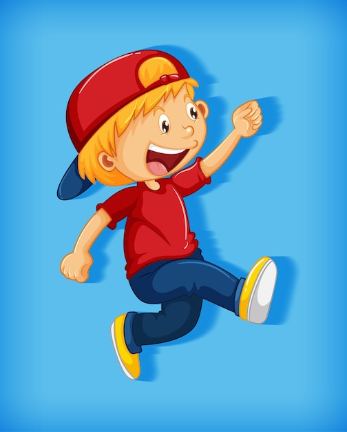 Free vector cute boy wearing red cap with stranglehold in walking position cartoon character isolated on pink background