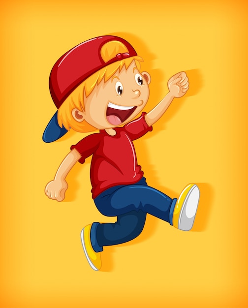 Cute boy wearing red cap with stranglehold in walking position cartoon character isolated on yellow background