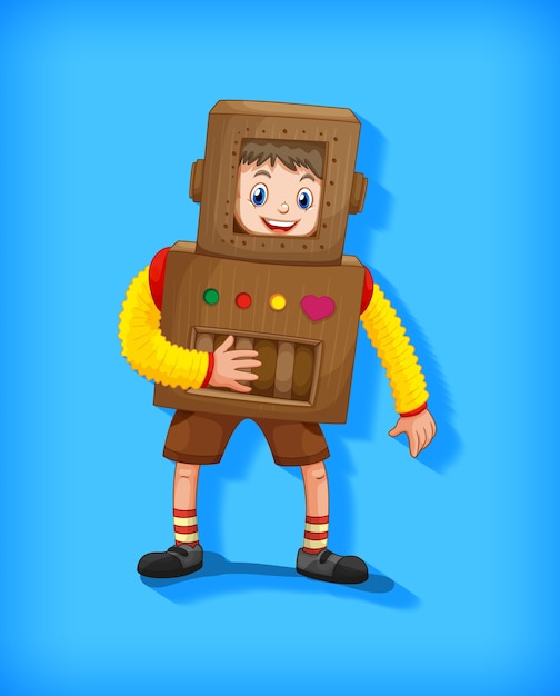 Free vector cute boy wearing robot costume in standing position isolated