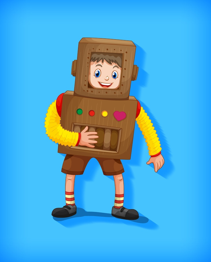 Free Vector cute boy wearing robot costume in standing position isolated