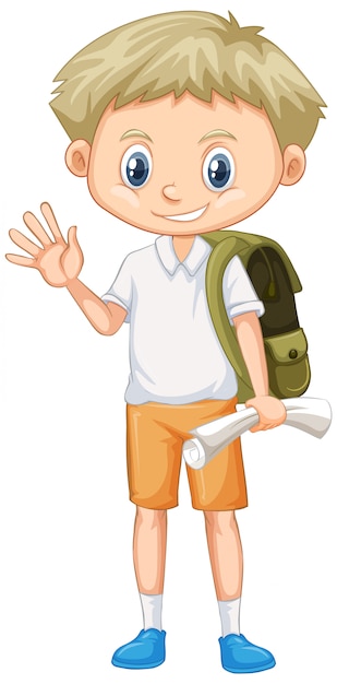 Cute boy with backpack and paper