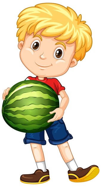 Cute boy with blonde hair holding a watermelon in standing position