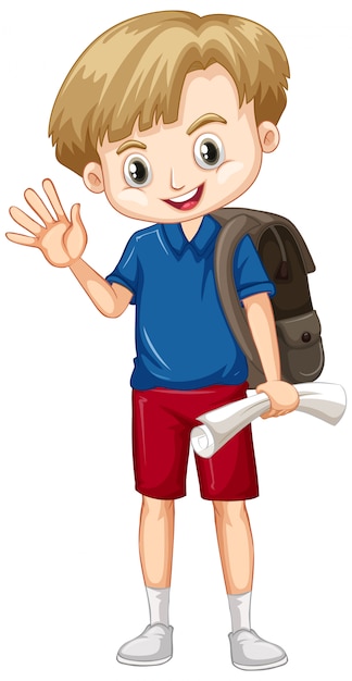 Cute boy with brown backpack greeting on white