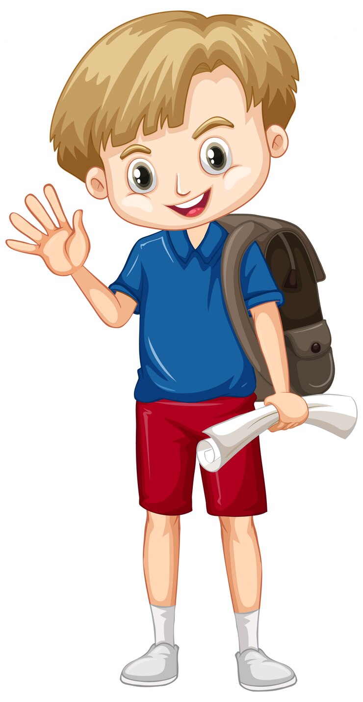 Free Vector cute boy with brown backpack greeting on white
