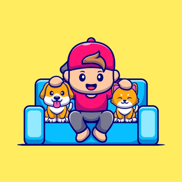 Cute Boy With Dog And Cat Cartoon Icon Illustration.