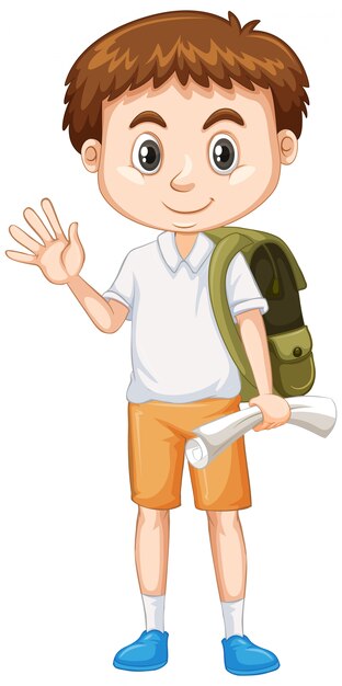 Cute boy with green backpack greeting on white