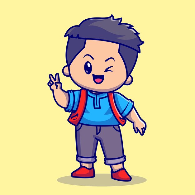 Cute Boy With Peace Sign Cartoon Vector Icon Illustration. People Fashion Icon Concept Isolated Premium Vector. Flat Cartoon Style
