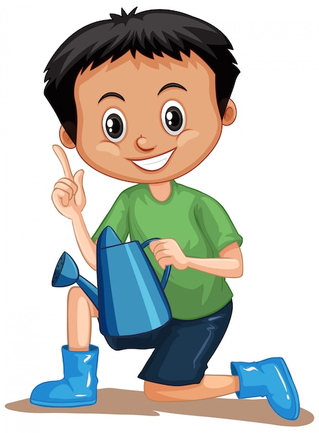 Free vector cute boy with watering can on white