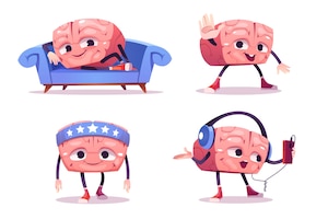 免费矢量可爱的大脑字符在不同的姿势。卡通聊天机器人,可笑的人类大脑放松在沙发上,运动训练和在耳机听音乐。创意emoji集,聪明的吉祥物