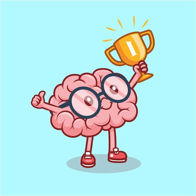 Free vector cute brain holding gold trophy cartoon vector icon illustration people education icon isolated flat