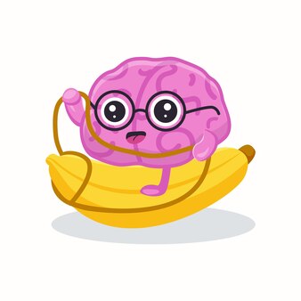 귀여운 두뇌 타고 바나나 평면 그림입니다. 만화 두뇌 캐릭터 감정 고립 된 벡터입니다. 지력, 마음, 지능 개념