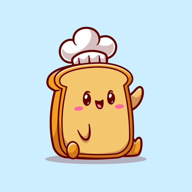 Cute Bread Chef Waving Hand Cartoon Vector Icon Illustration Food Object Icon Concept Isolated Flat