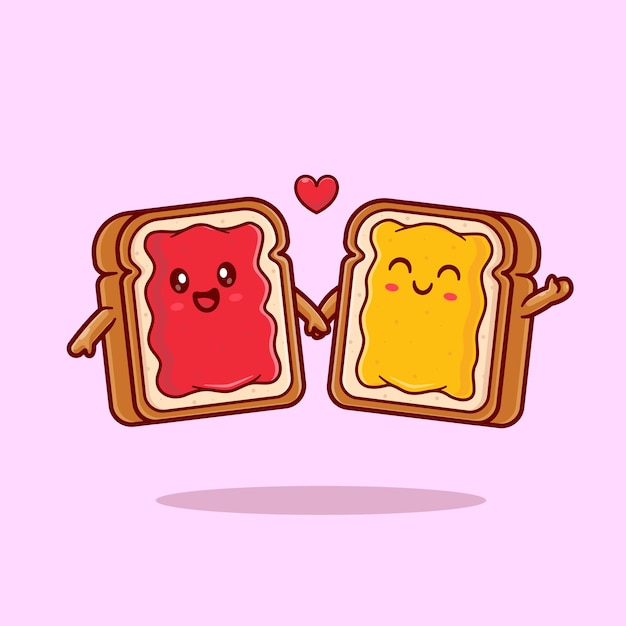 귀여운 빵 잼 커플 아침 만화 벡터 아이콘 그림 음식 사랑 아이콘 개념 절연