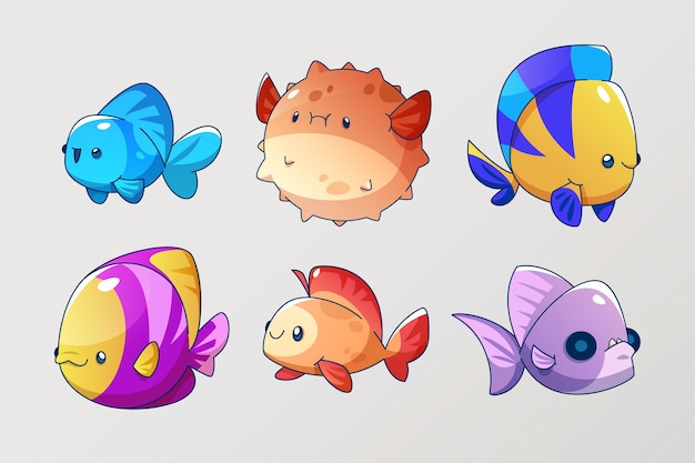 Free vector cute bright fish game cartoon character set vector illustration of underwater sea or aquarium creatures marine and ocean tropical animals with smiling faces aquatic saltwater colorful critters