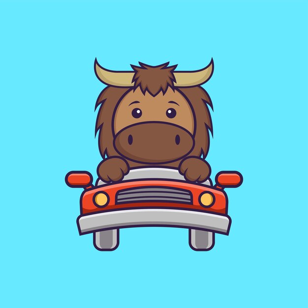 Cute bull is driving. animal cartoon concept isolated. flat cartoon style