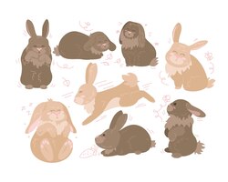 Free vector cute bunnies in different poses cartoon illustration set. funny brown rabbits jumping, running, sitting, sleeping and standing on hind legs on white background. farm animal concept
