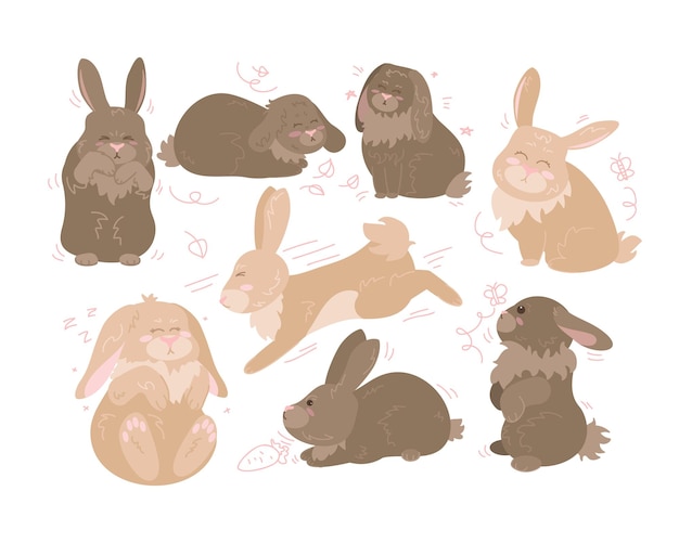 さまざまなポーズのかわいいウサギの漫画イラストセット。面白い茶色のウサギは、白い背景の後ろ足でジャンプ、実行、座って、寝て、立っています。家畜のコンセプト