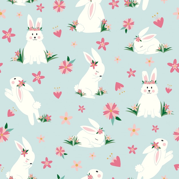 Cute bunnies with flowers seamless pattern