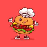 Бесплатное векторное изображение Симпатичный шеф-повар бургеров пальцы вверх иллюстрации значок шаржа. значок шеф-повара еды изолированы. плоский мультяшном стиле