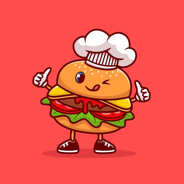 귀여운 햄버거 요리사 엄지 손가락 만화 아이콘 그림입니다. 음식 요리사 아이콘입니다. 플랫 만화 스타일