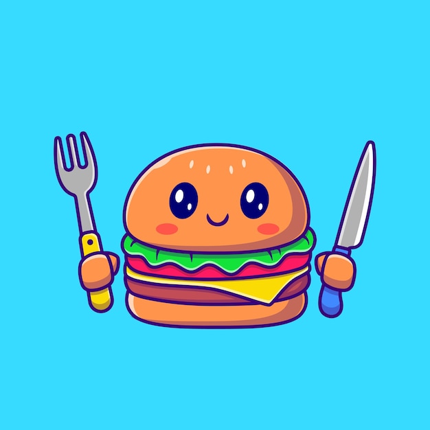 Vettore gratuito hamburger carino tenendo il coltello e forchetta cartoon. concetto dell'icona di fast food isolato. stile cartone animato piatto