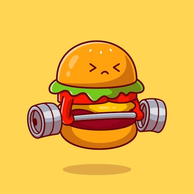 Симпатичные гамбургеры, поднимающие штангу, мультяшный вектор значок иллюстрации. Концепция питания здоровый значок. Плоский мультяшном стиле