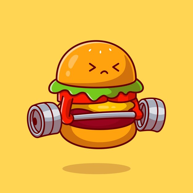 かわいいハンバーガーリフティングバーベル漫画ベクトルアイコンイラスト。食品健康アイコンの概念。フラット漫画スタイル