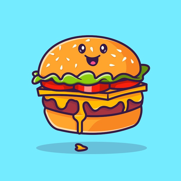 Cute Burger Smiling Cartoon Vector Icon Illustration. Food Object Icon Concept Isolated Premium Flat
