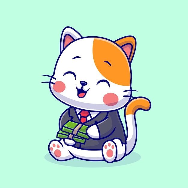 Free vector cute business cat with money cartoon vector icon illustration animal business icon concept isolated