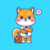 Vettore gratuito carino business shiba inu cane con valigia cartoon vettore icona illustrazione. moda animale isolata