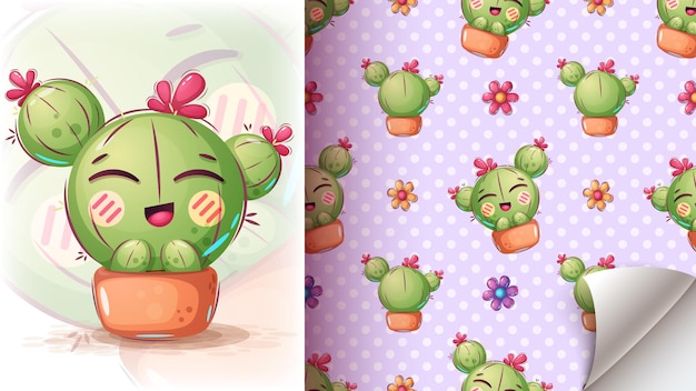 Cute cactus illustration - seamless pattern