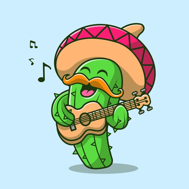 Симпатичный кактус, играющий на гитаре с иллюстрацией векторной иконки шляпы Сумбреро. Икона праздника природы