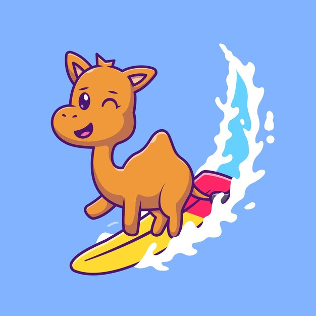 Cute Camel Surfing Cartoon Vector Icon Illustration. Animal Sport Icon Concept Isolated Premium Vector. Flat Cartoon Style