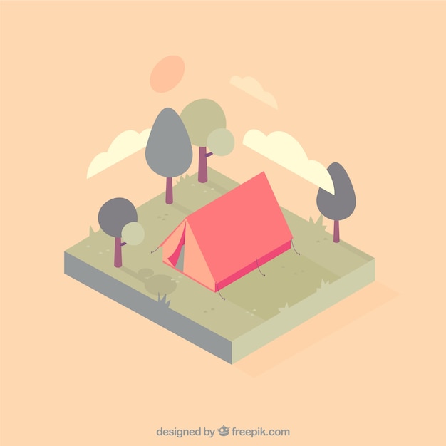 Cute camping tent in a landscape in soft colors