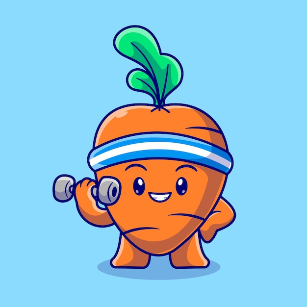 Бесплатное векторное изображение Симпатичная морковь, поднимающая штангу, мультфильм, векторная икона, иллюстрация, еда, спорт, икона, концепция, изолированная плоская