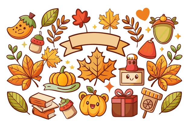 Free Vector cute cartoon autumn icons including pumpkins leaves books and a bear