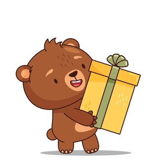 선물 상자와 귀여운 만화 아기 곰입니다. 인쇄, 엽서 및 포스터용 요소입니다. 벡터 일러스트 레이 션