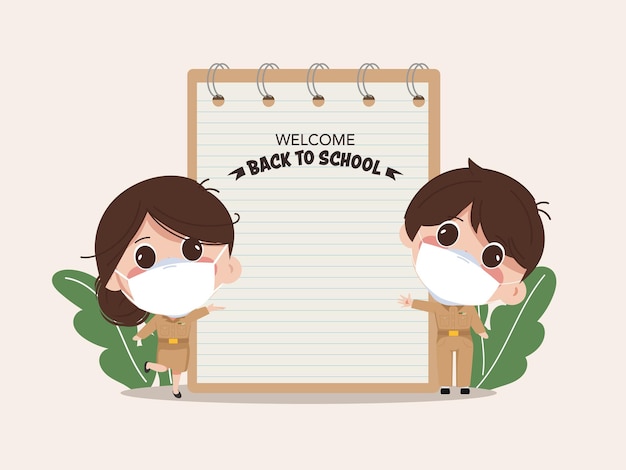 Free vector cute cartoon bangkok thai teacher back to school with notebook stationery background