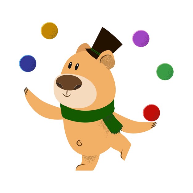 모자와 녹색 스카프 저글링에 귀여운 만화 곰