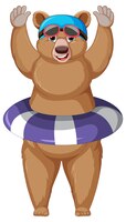 Cute cartoon bear with rubber ring on white background