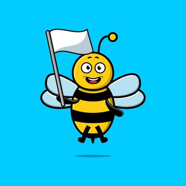 현대적인 디자인에 흰색 깃발이 달린 귀여운 만화 꿀벌 마스코트 캐릭터 프리미엄 벡터
