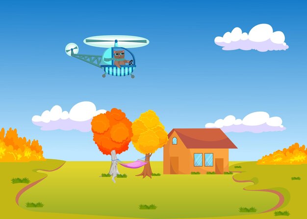 Cute cartoon cat flying helicopter over autumn landscape.