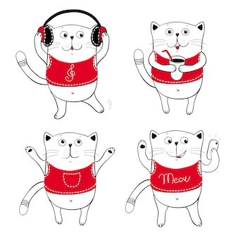 커피 헤드폰 전화와 함께 귀여운 만화 캐릭터 고양이 재미 있은 고양이 그림 세트