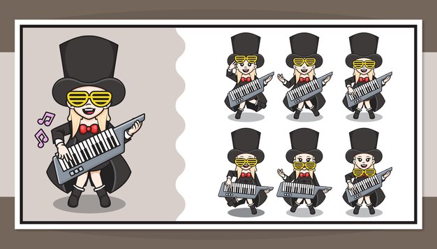 バンドルは フルバンドのコンセプトで音楽を演奏するかわいい女の子のイラストを設定します プレミアムベクター