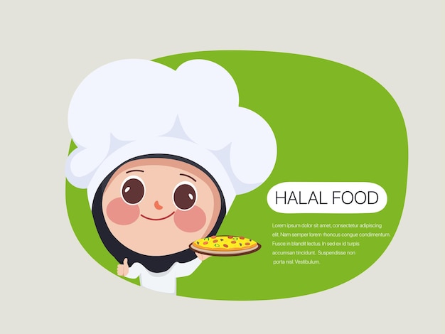 Cute cartoon chef and cook presenting a pizza halal food.