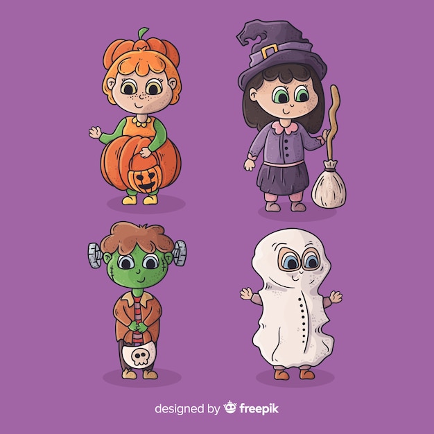 Vettore gratuito collezione di costumi di halloween per bambini simpatico cartone animato