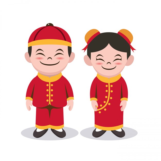 赤の伝統的な衣装でかわいい中国の女の子のコレクション プレミアムベクター