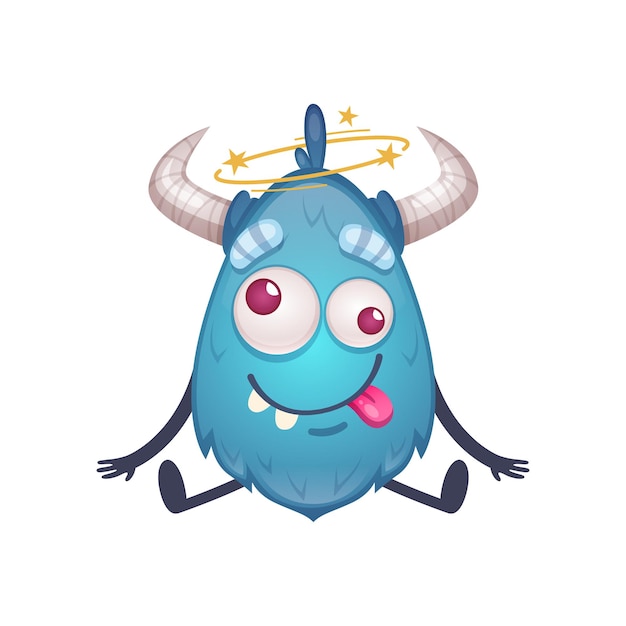 Cute cartoon creature of blue color with horns feel dizzy  illustration