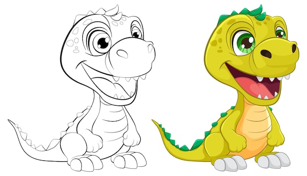 Free vector cute cartoon dinosaur before and after coloring