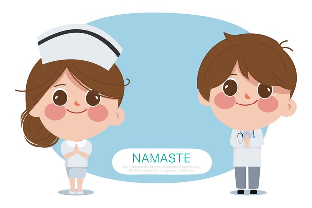 Cute cartoon doctor namaste greeting in the hospital gown uniform.